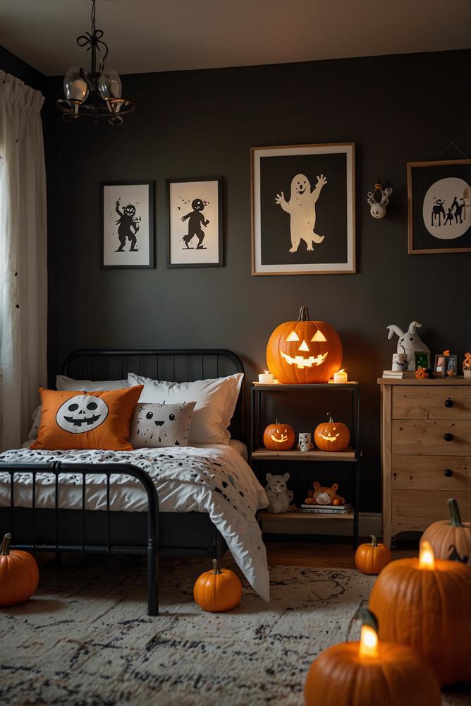 Leuchtende Nachtlichter mit Gesichtern im Kinderzimmer bei Halloween
