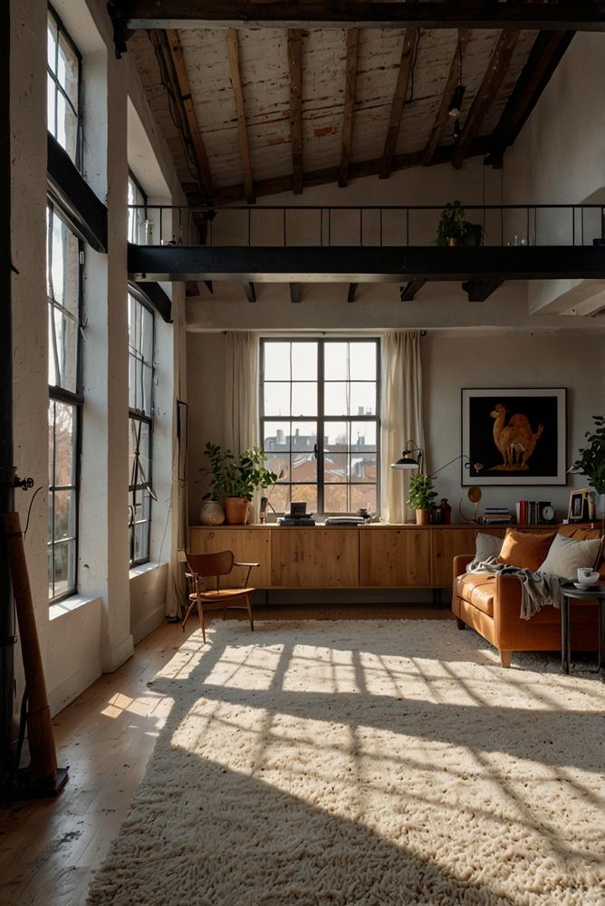 Loft-Wohnzimmer mit Teppichen zur Zonierung und viel Tageslicht