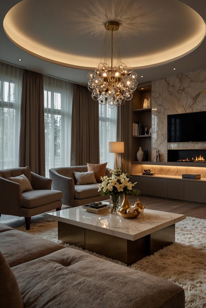 Luxuriöses Wohnzimmer mit heller Statement-Beleuchtung