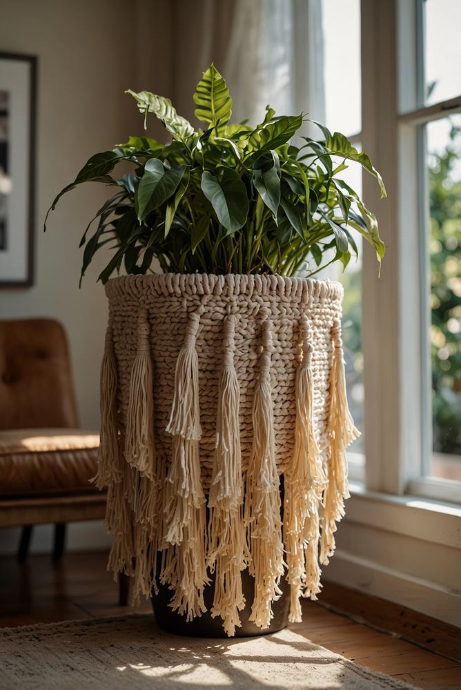 Heller Makramee-Pflanztopf-Halter mit Quasten im Wohnzimmer