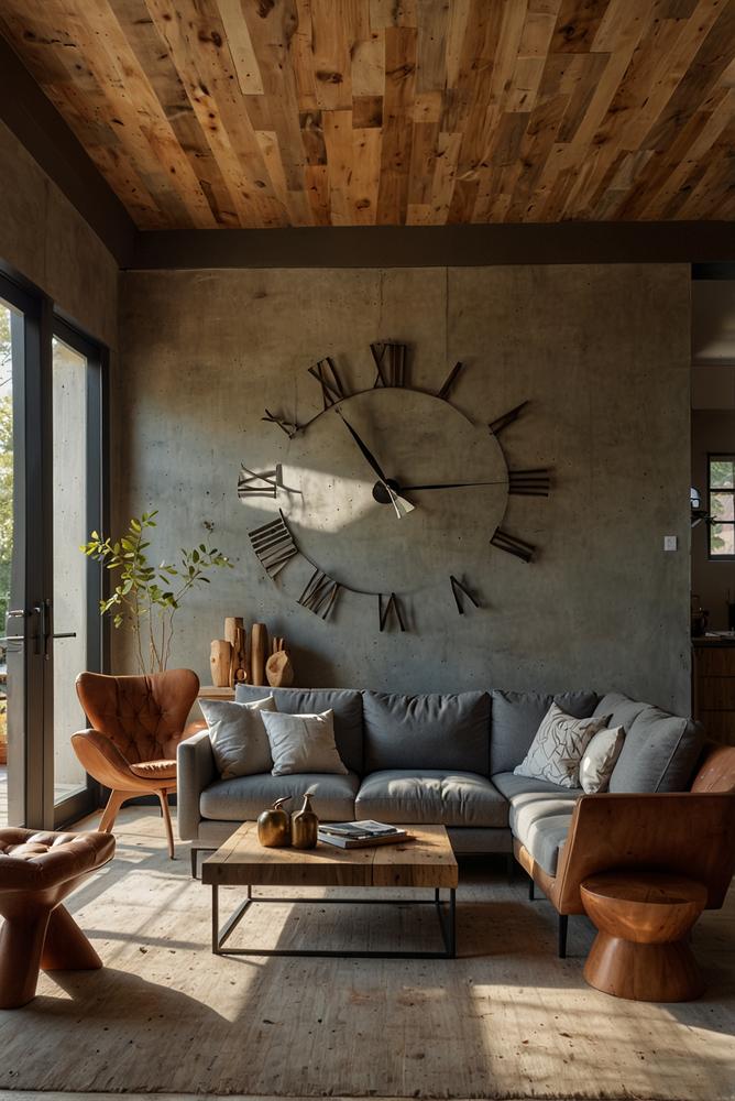 Helle moderne Wohnzimmereinrichtung mit markanter Wanduhr