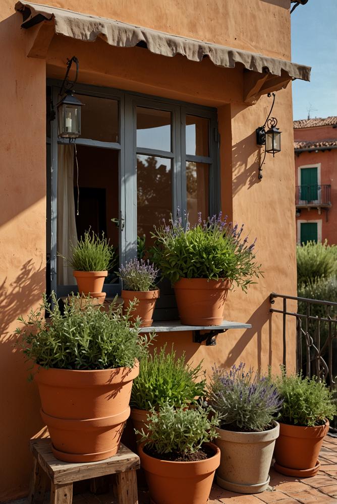 Mediterraner Kräutergarten auf hellem Balkon