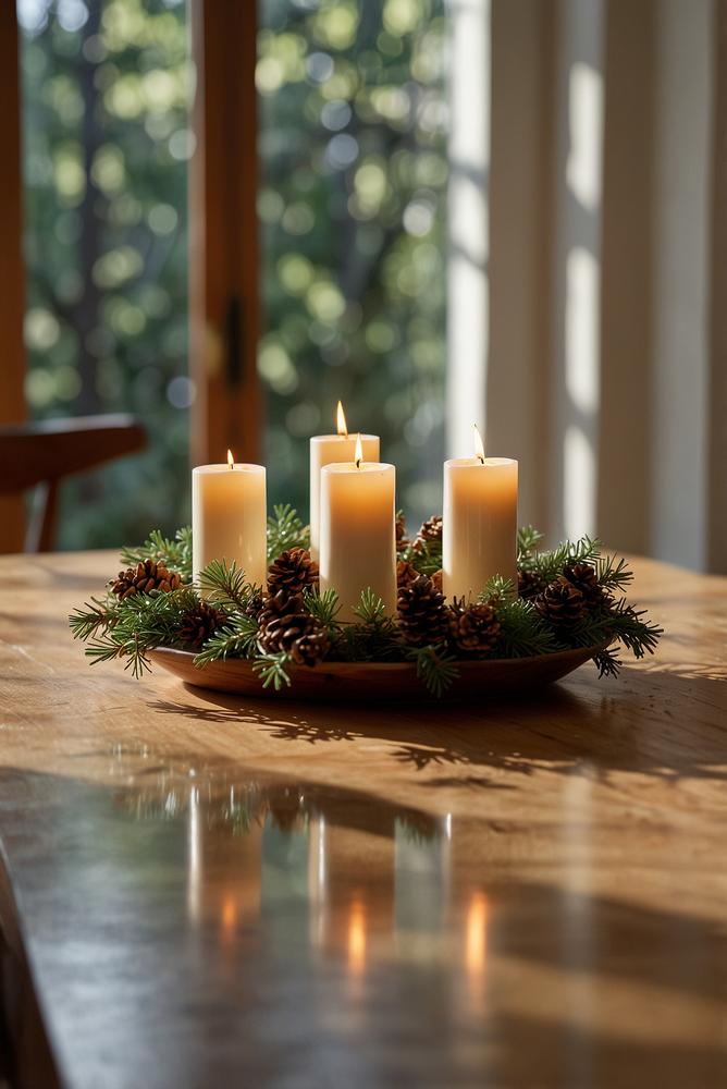 Minimalistischer Adventskranz aus Glas und Holz am Esstisch