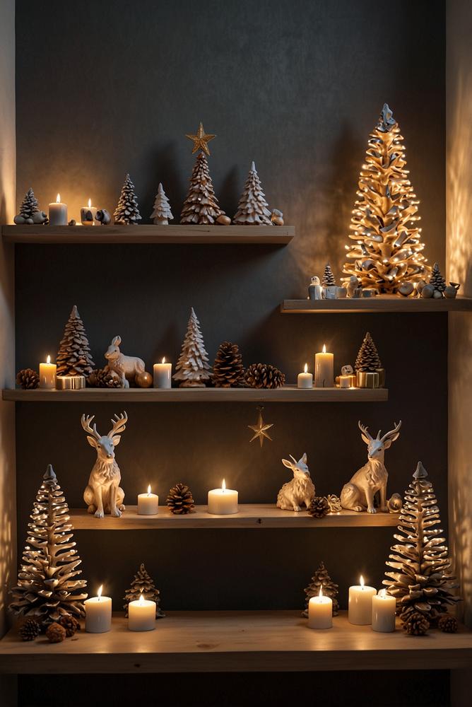 Minimalistische Adventsfiguren auf Regal mit Lichterkette