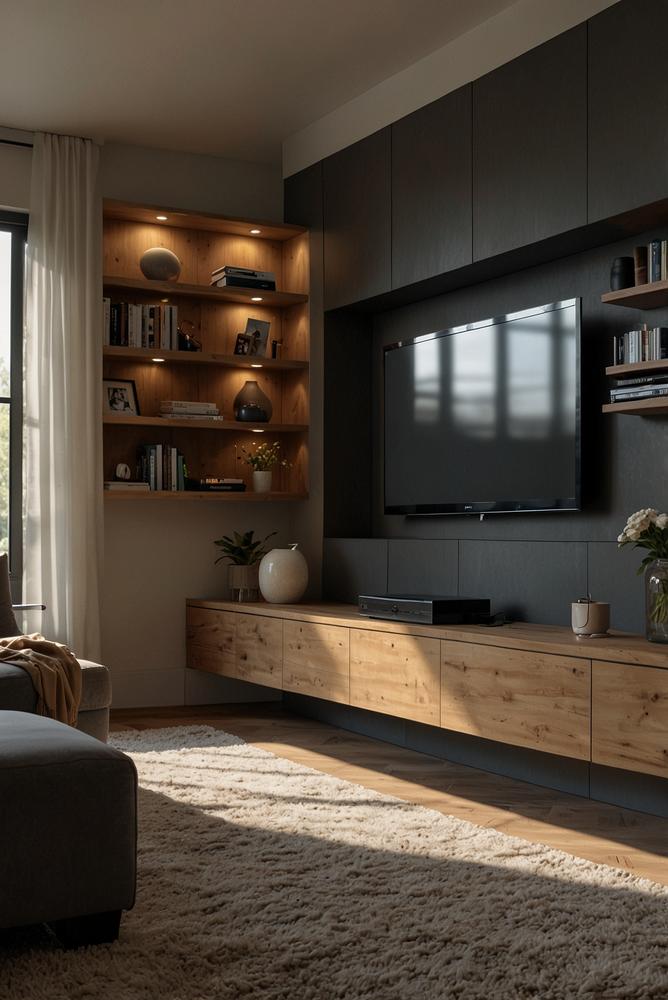 Minimalistische Fernseherwand mit moderner Beleuchtung