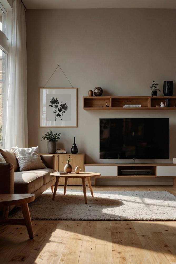 Helle minimalistische TV-Wand mit Holzregal im Japandi-Skandi Stil
