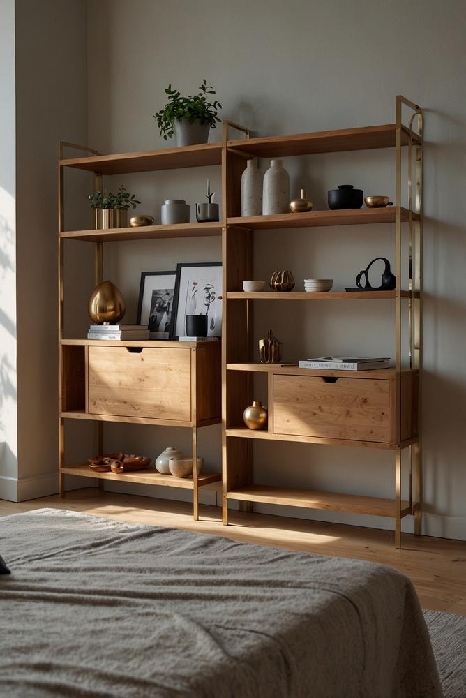 Minimalistisches Nachtregal im hellen Schlafzimmer