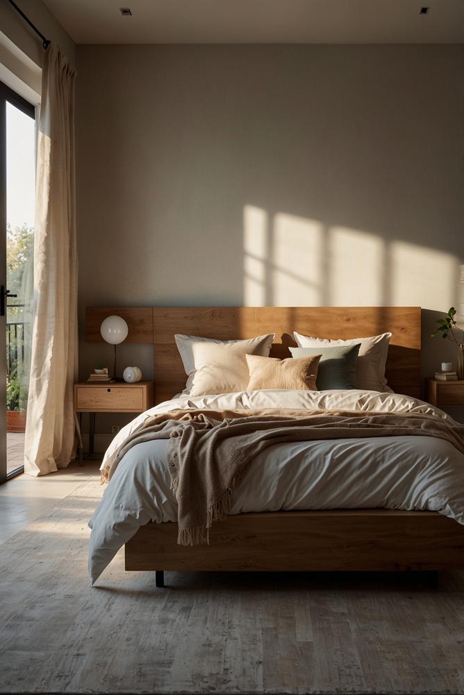Minimalistisches Schlafzimmer mit smarter Beleuchtung in hellem Ambiente