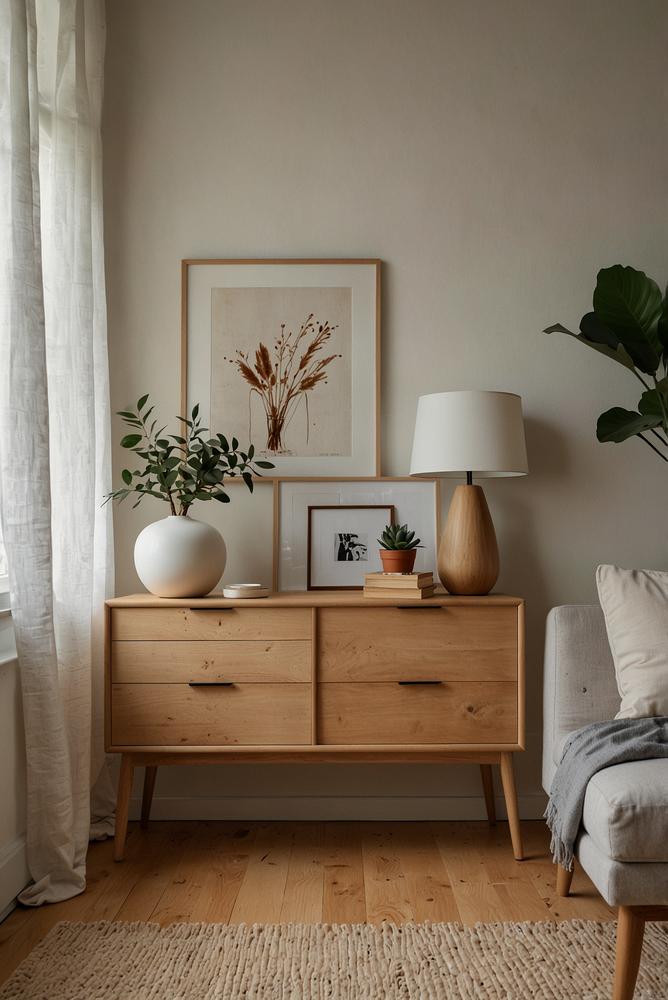 Helles Wohnzimmer mit schlankem Sideboard und filigraner Dekoration