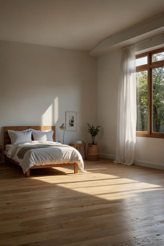 Minimalistisches weißes Schlafzimmer mit warmem Eichendielenboden