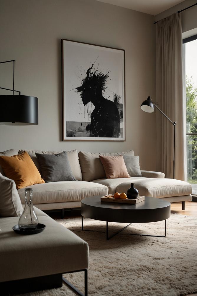 Minimalistisches Wohnzimmer mit integriertem Smart-TV und versteckter Technik