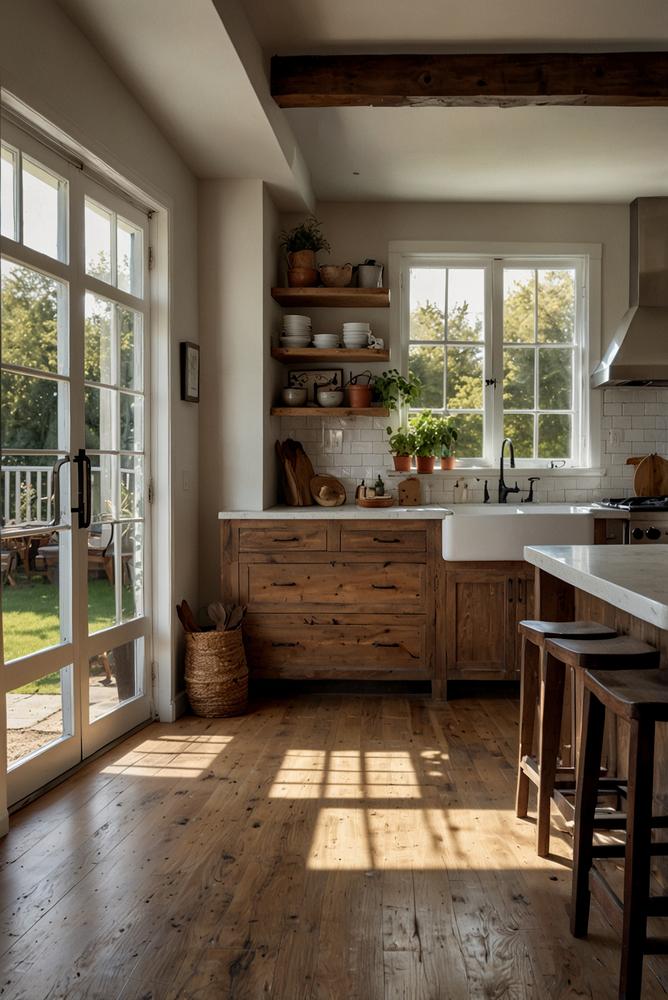 Helle moderne Farmhouse-Küche mit rustikaler Holzinsel