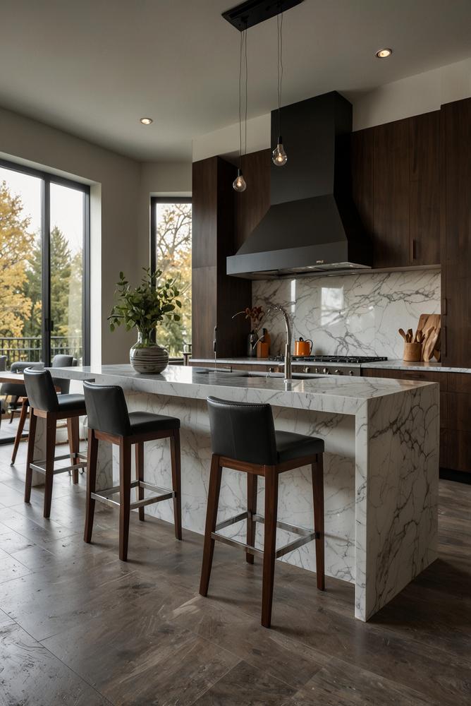 Moderne helle Küche mit zentraler Insel und Barhockern