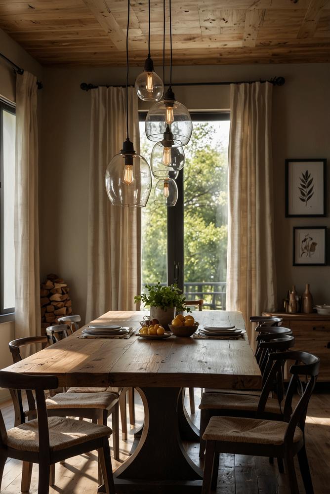 Moderner Farmhouse Essbereich mit Holztisch und Pendelleuchten