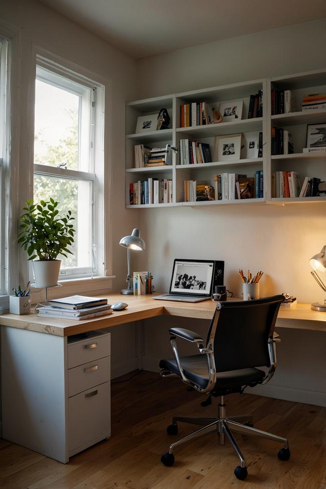 Modernes Homeoffice mit ergonomischem Schreibtisch und Regalsystem