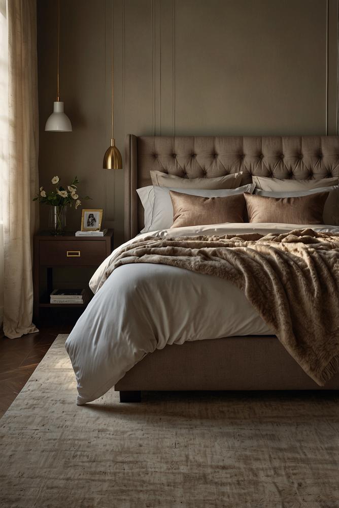Modernes Schlafzimmer mit gepolstertem Bett und indirekter Beleuchtung