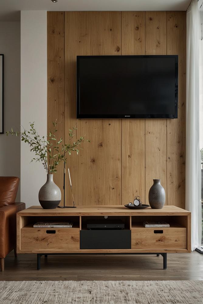 Modernes Wohnzimmer mit Slim-Smart-TV und Lowboard, hell und einladend