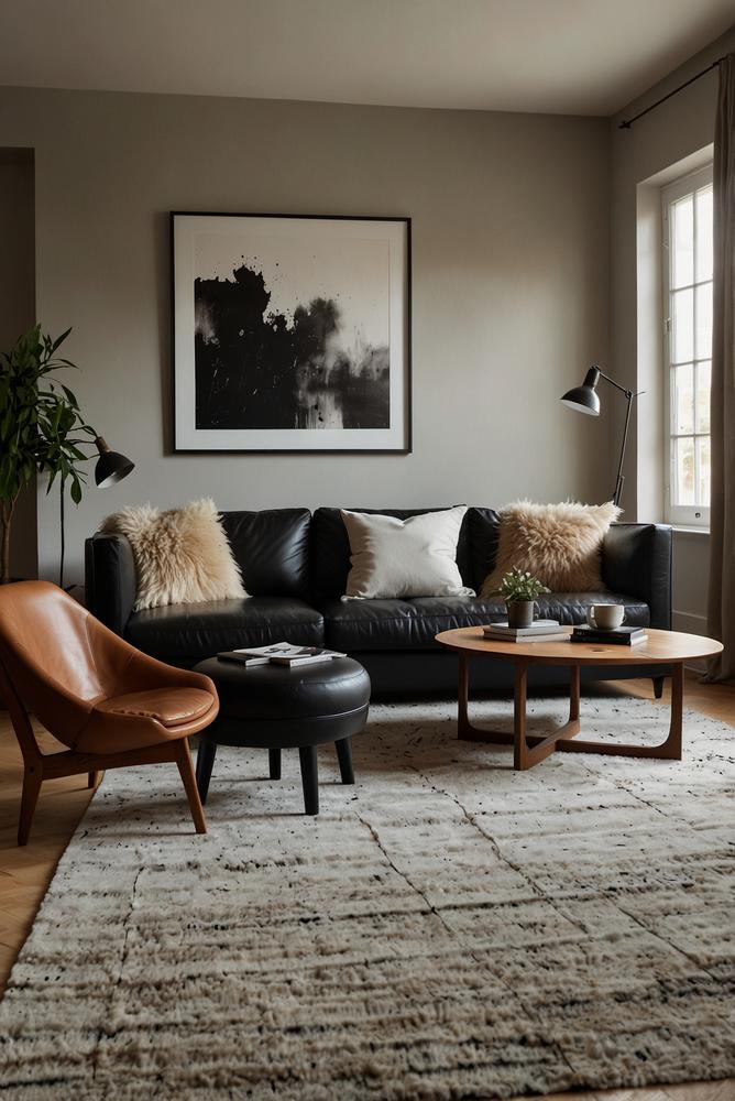 Monochromes Wohnzimmer mit Leder, Holz und Wolle in hellem Ambiente