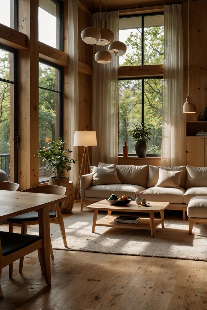 Helles Wohnzimmer mit multifunktionalem Holzmoebel