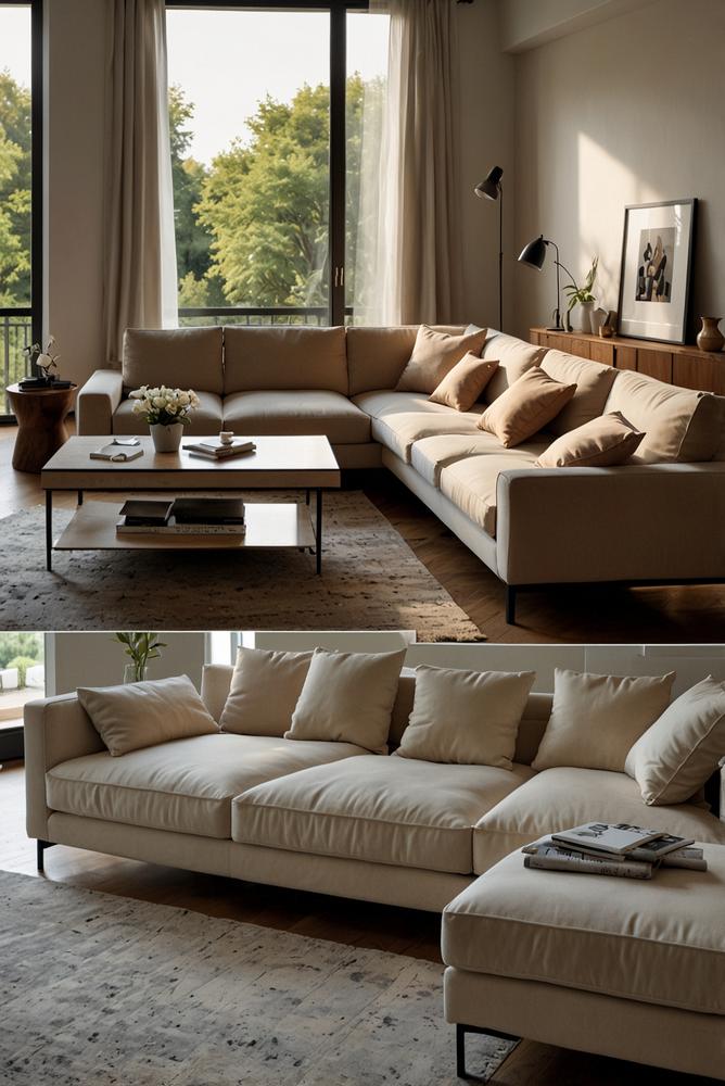 Helles Wohnzimmer mit modernem Sofa-Bett und viel Tageslicht