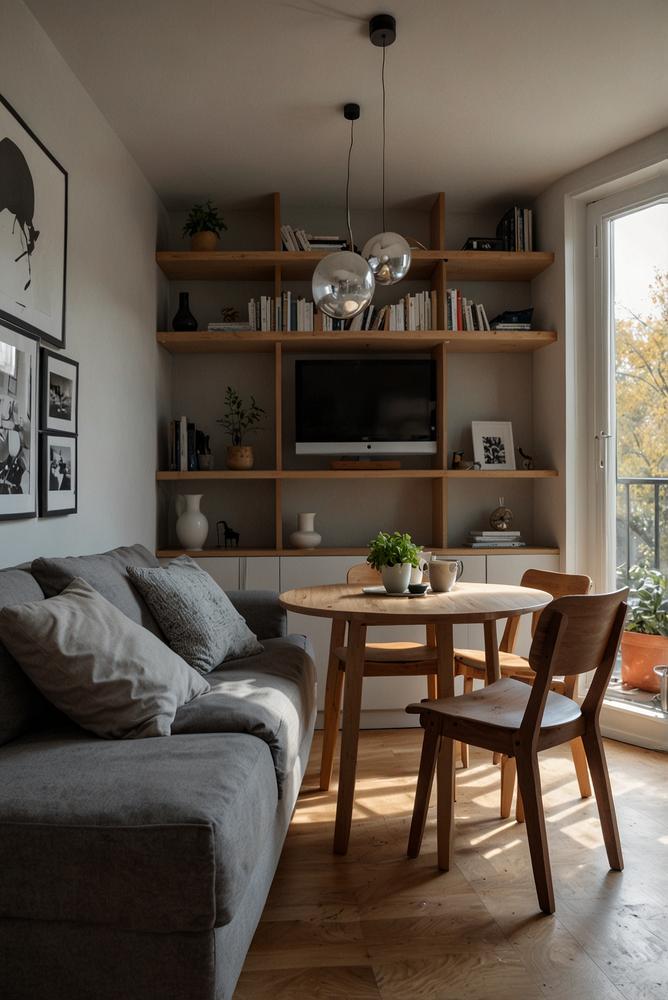Hell und einladend gestaltetes Wohnzimmer mit klappbarem Esstisch