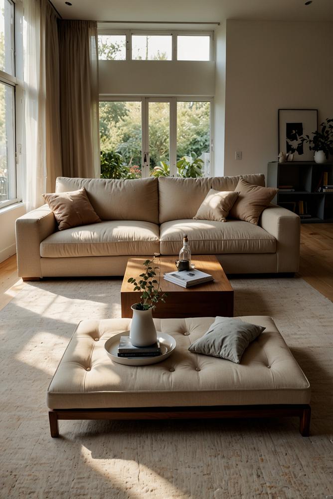 Hell beleuchtetes Multifunktionssofa mit Stauraum im Wohnzimmer