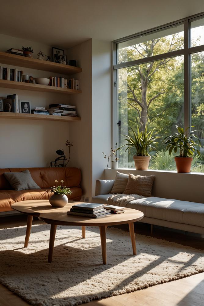 Helles nachhaltiges Wohnzimmer mit LED-Licht und Pflanzen