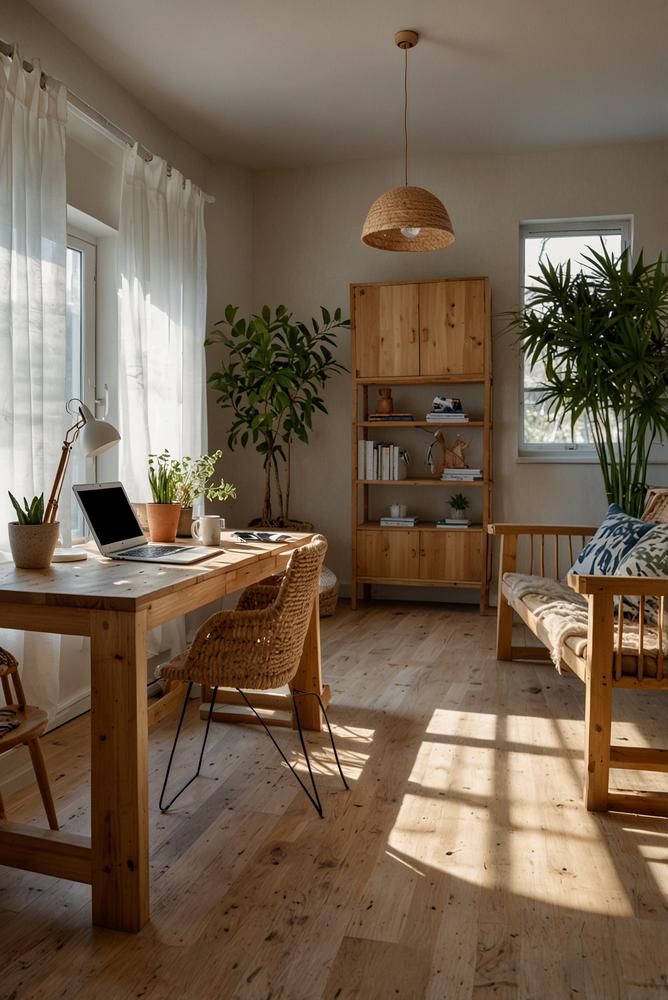 Hell und lichtdurchflutetes nachhaltiges Home Office mit Bambusmöbeln