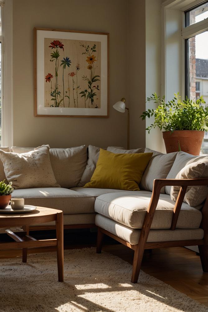 Nachhaltiges Wohnzimmer mit Upcycling-Möbeln und Naturtextilien