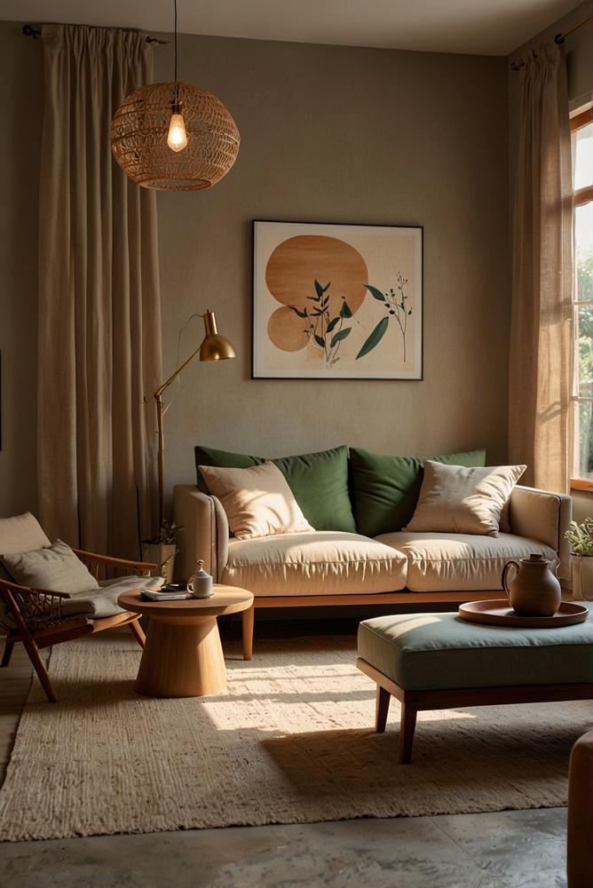 Wohnzimmer mit Japandi Stil in Naturtoenen und hellem Licht