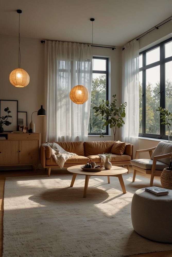 Wohnraum mit heller Papierlampen- und Spotbeleuchtung