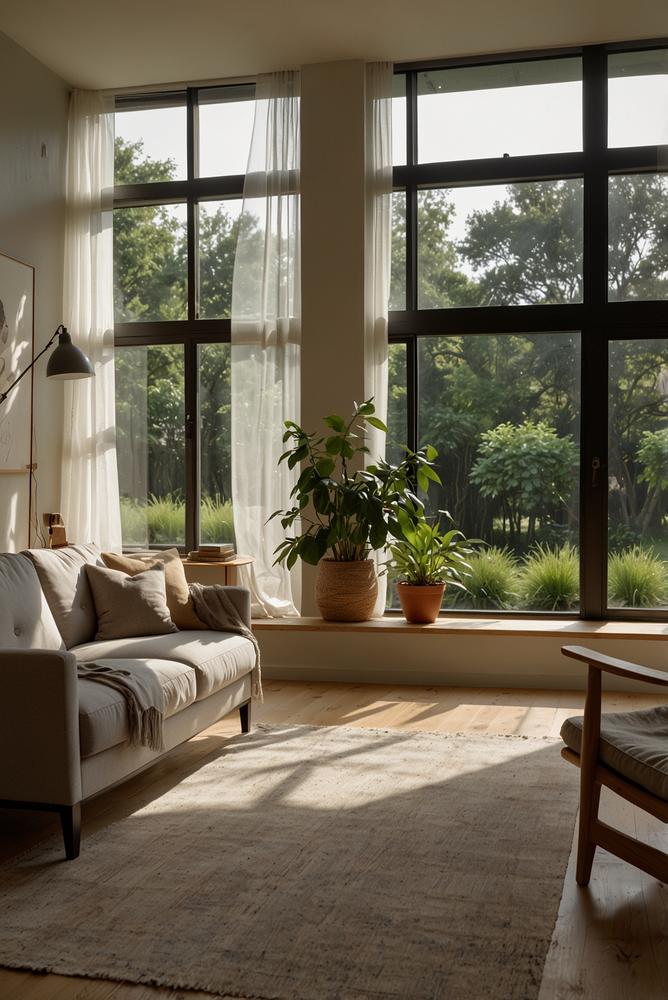 Helle Wohnraumgestaltung mit niedriger Sitzlandschaft und Naturblick