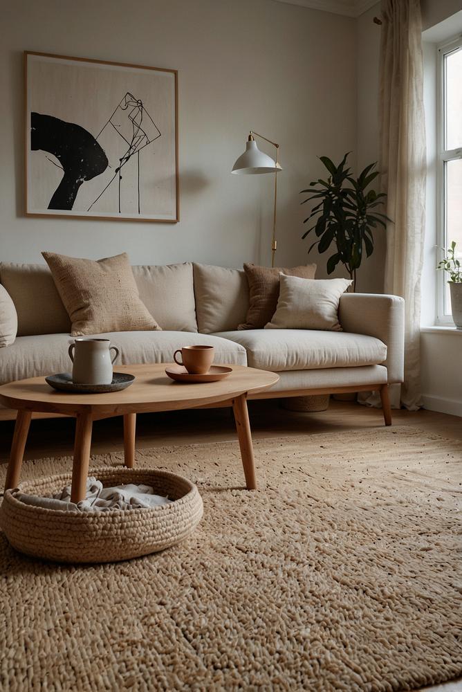 Heller Wohnraum mit Naturmaterial-Teppich und Kissen