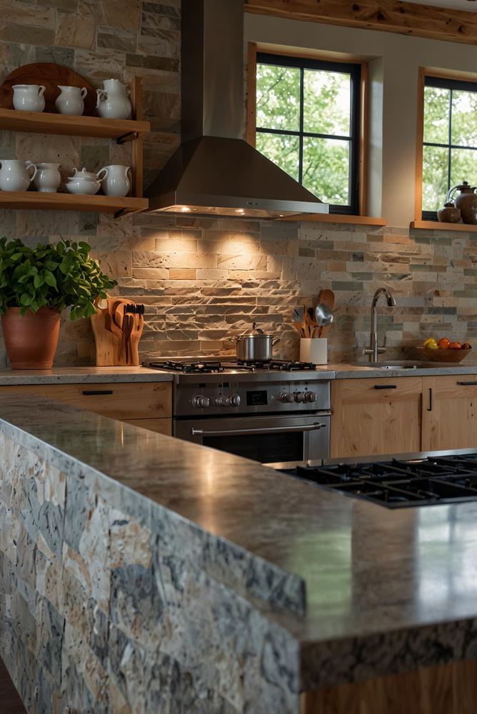 helle Küche mit Naturstein-Backsplash und holzdetails