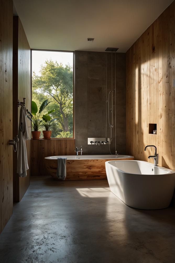 Modernes ökologisches Badezimmer mit Holz und Wasser sparenden Armaturen