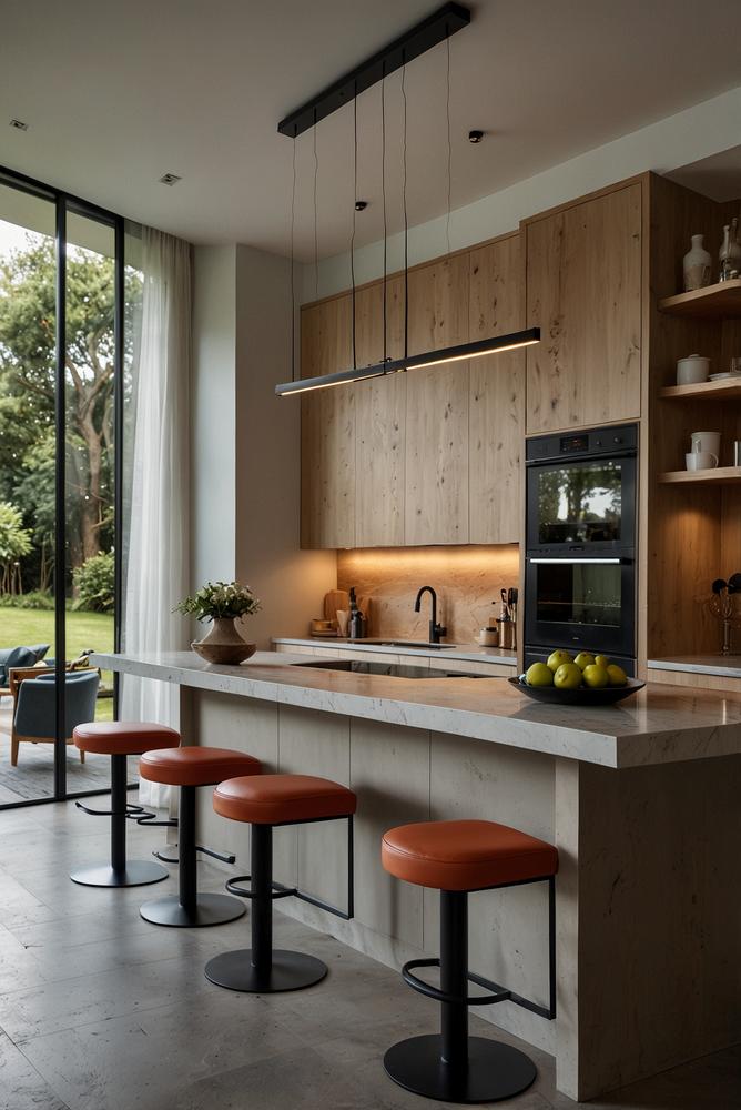 Helle offene Küche mit Theke und Barhockern in modernem Wohnraum