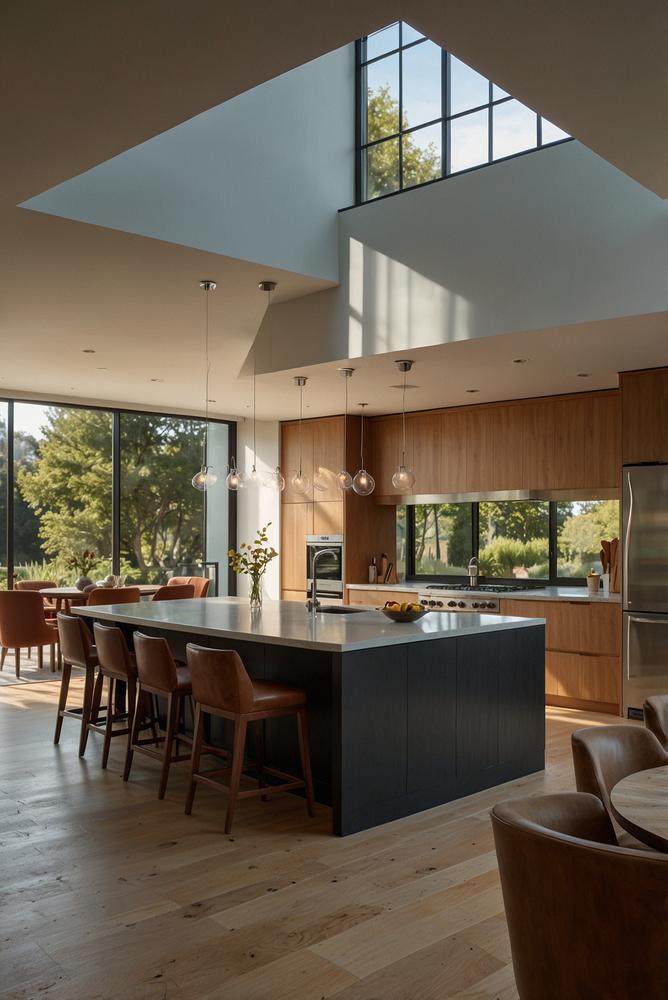 Helle offene Küche mit zentraler Insel und Essplatz