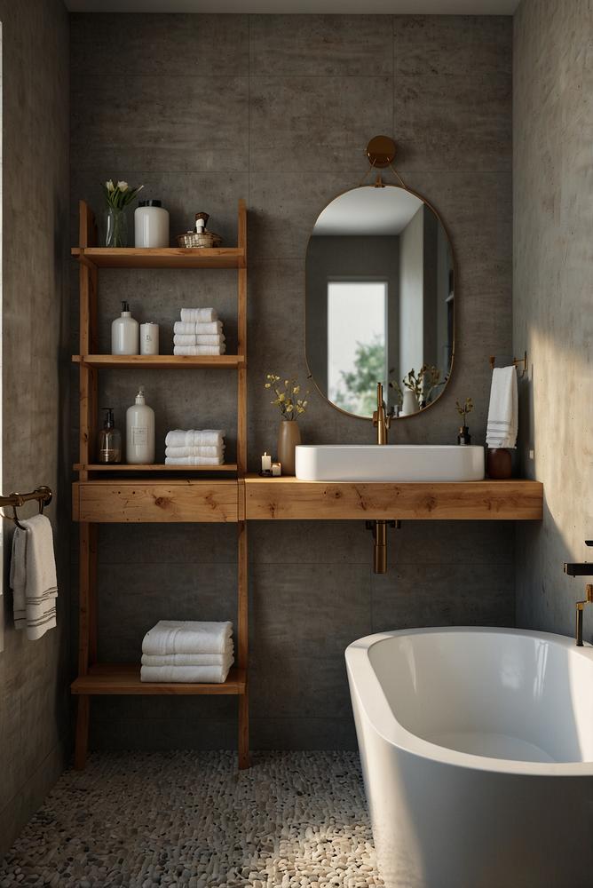 Offene Wandboards über der Badewanne im hellen Bad