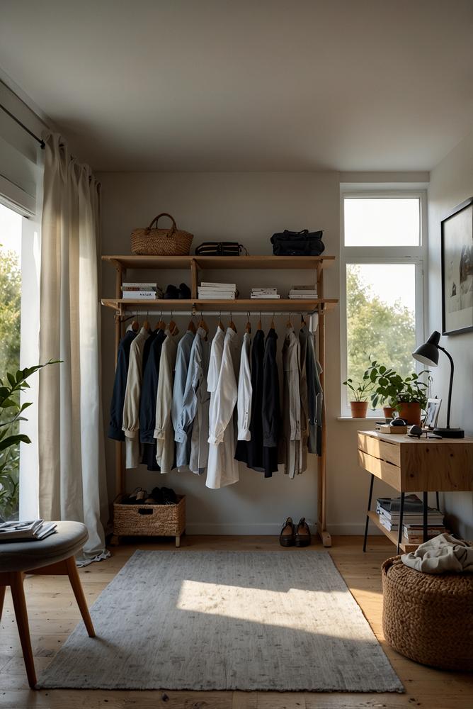 Offener Kleiderorganizer im hellen Schlafzimmer