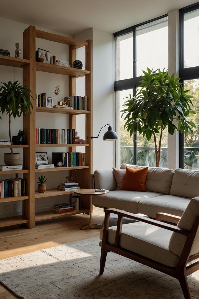 Offenes Wohnzimmer mit Raumteiler und Home-Office-Ecke hell und modern