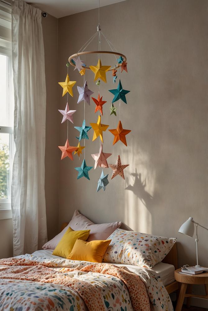 Helles Kinderzimmer mit bunter Papier-Mobile dekoriert