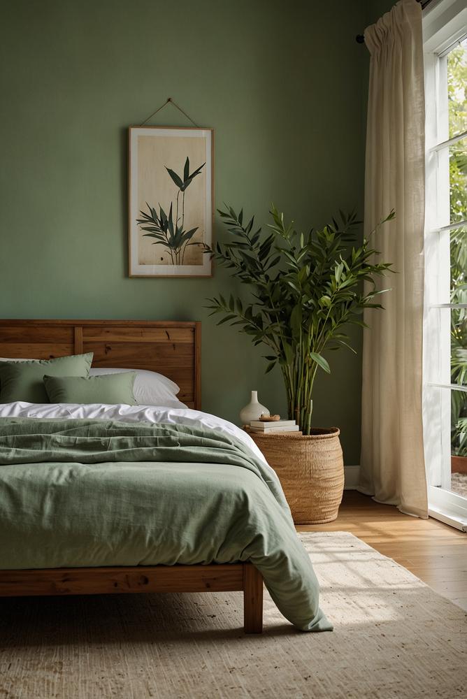 Helles Schlafzimmer mit Pastellmint und Bambusmöbeln