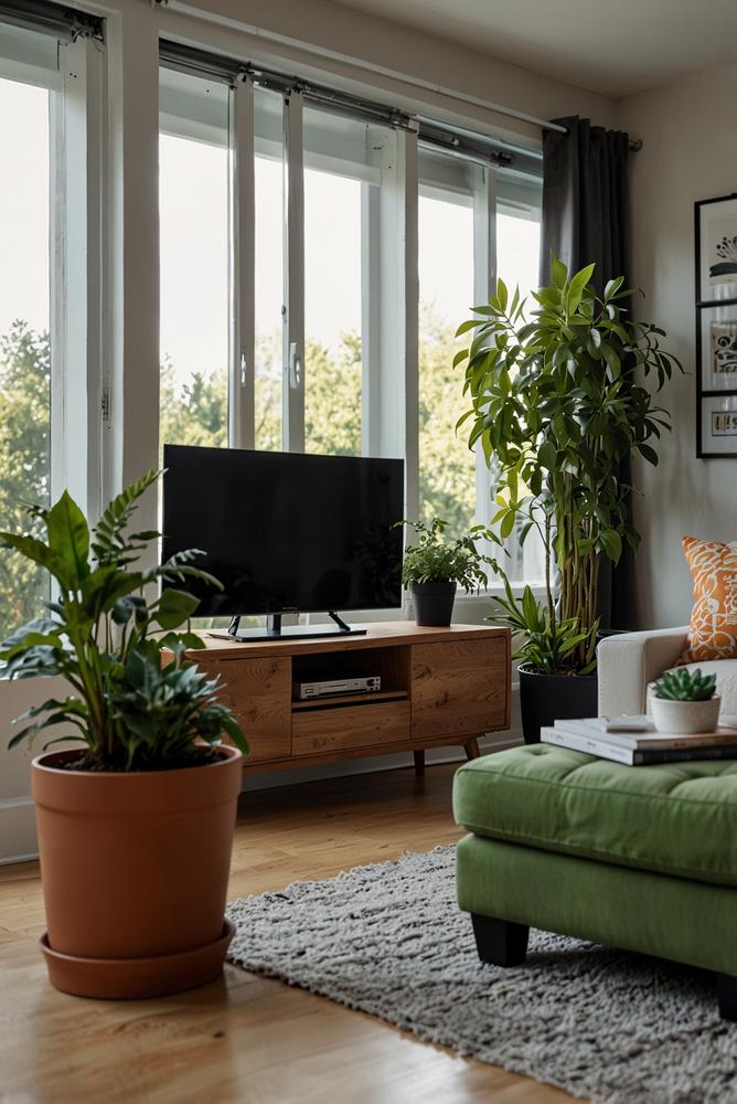 Grüne Pflanzen auf hellem TV-Möbel im Wohnzimmer