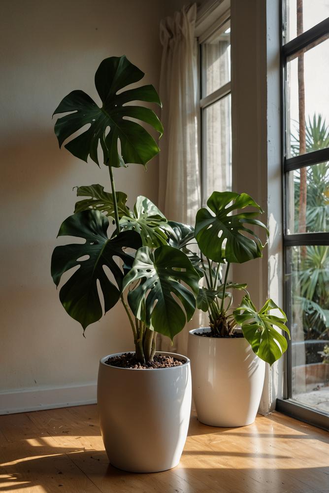 Helle moderne Wohnzimmerecke mit Pflanzenkuebeln und Uebertoepfen