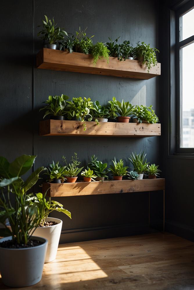 Helles Pflanzenregal als grüner Raumteiler im modernen Wohnzimmer