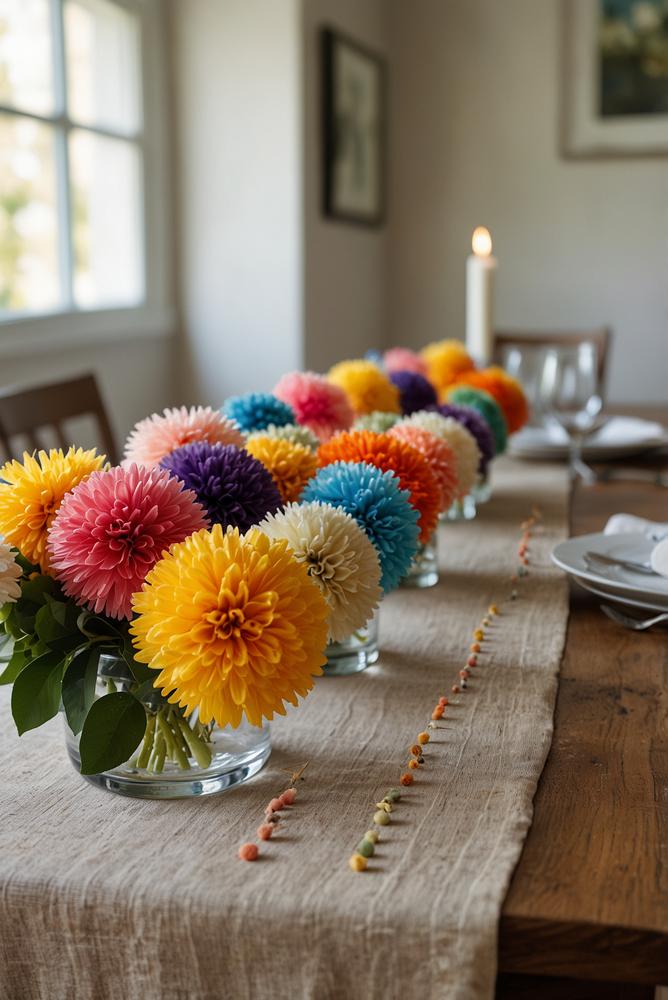 Pom-Pom Tischlaeufer mit Serviettenringen am Esstisch
