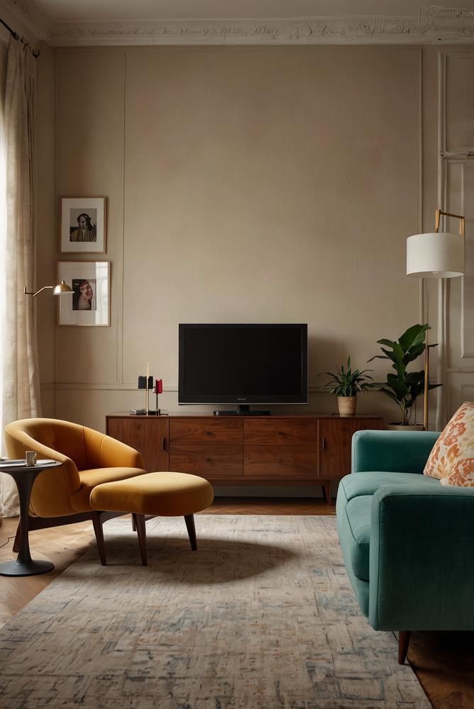 Retro-modernes Wohnzimmer mit Vintage-Möbeln und smarten Funktionen