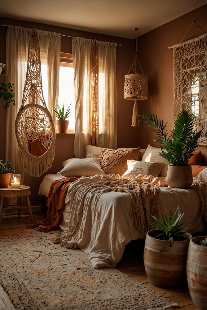 Romantisches Boho Schlafzimmer mit Makramee und warmen Textilien