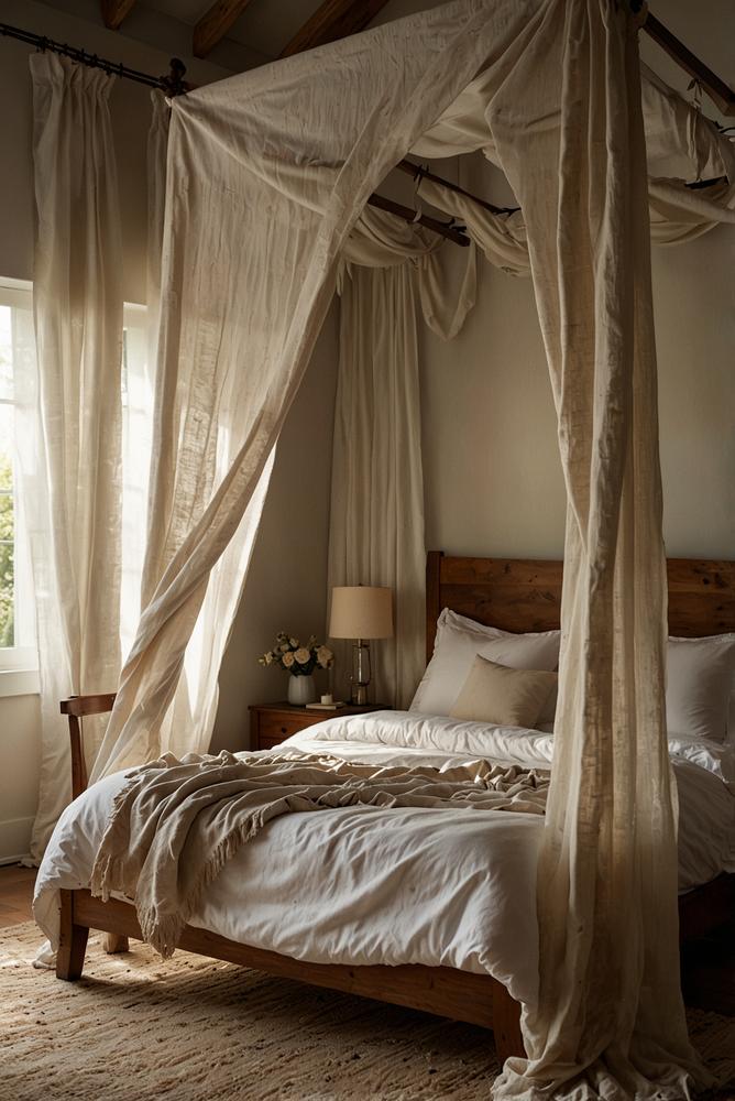 Helles Schlafzimmer mit Baldachinbett und Leinen