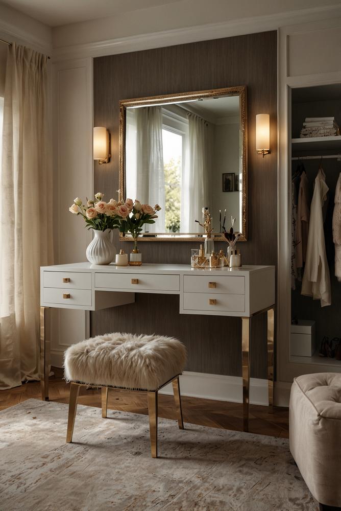 Helles Schlafzimmer mit begehbarem Kleiderschrank und Schminktisch
